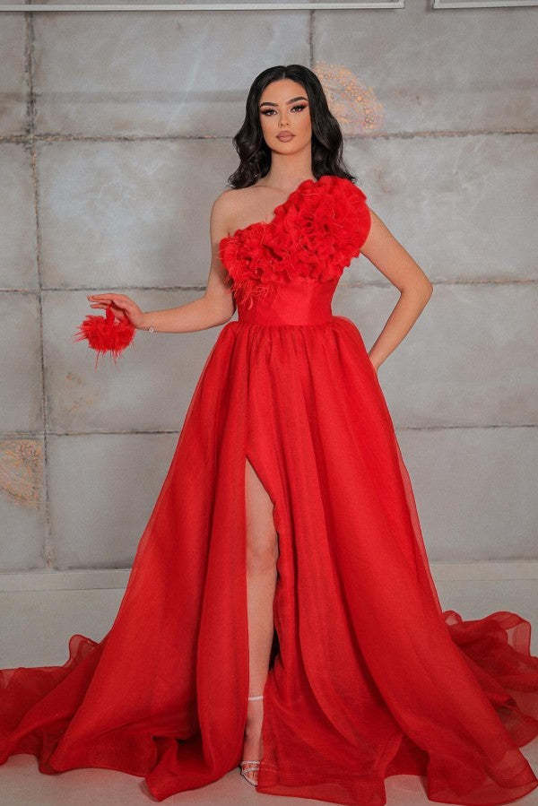 Chicloth Red One Shoulder Prom Dress A-Line Long With Slit