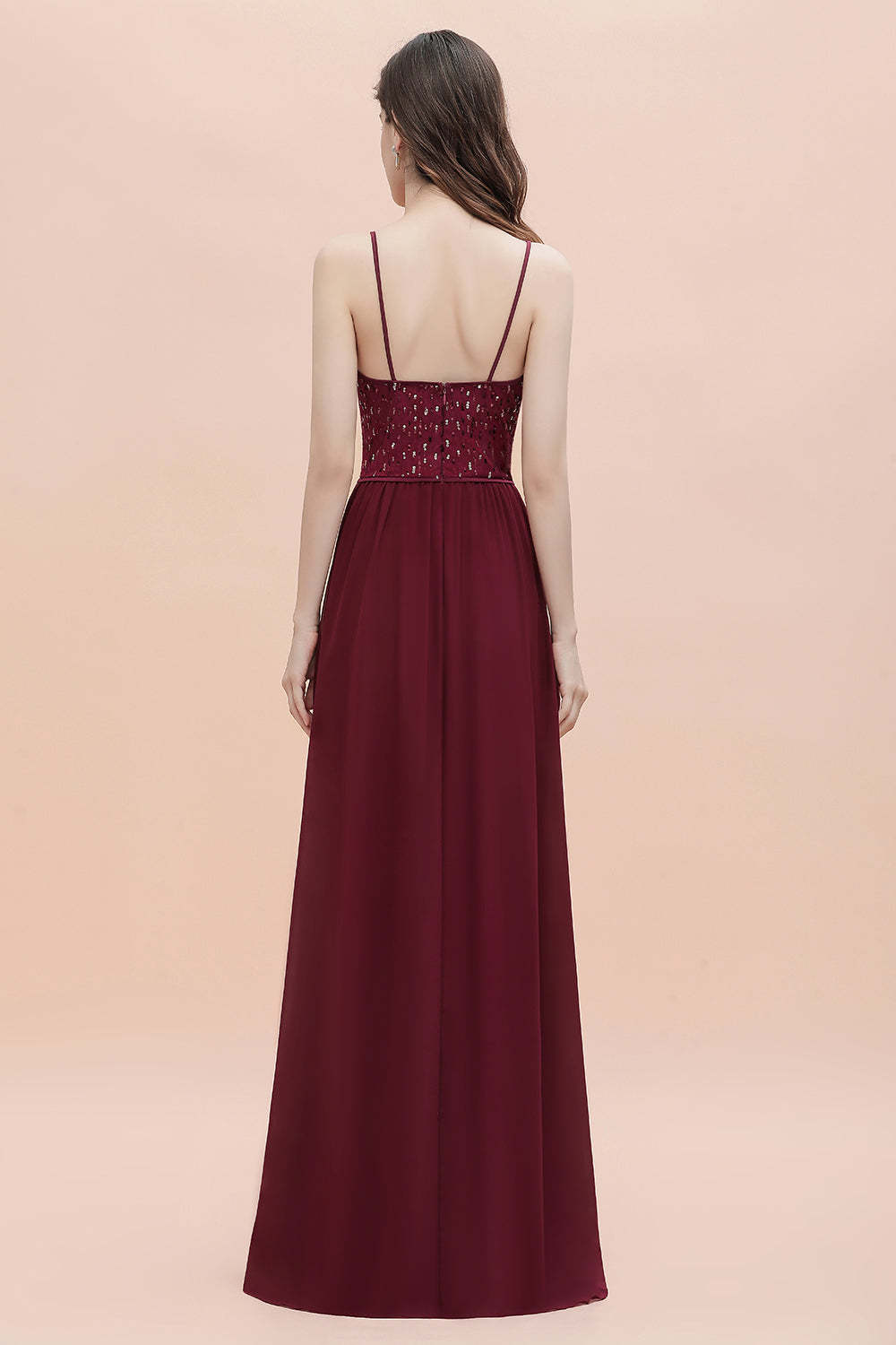Chicloth Fabulous A-line Burgundy Chiffon Bridesmaid Dress V-Neck Spaghetti Straps Sequins Evening Dress