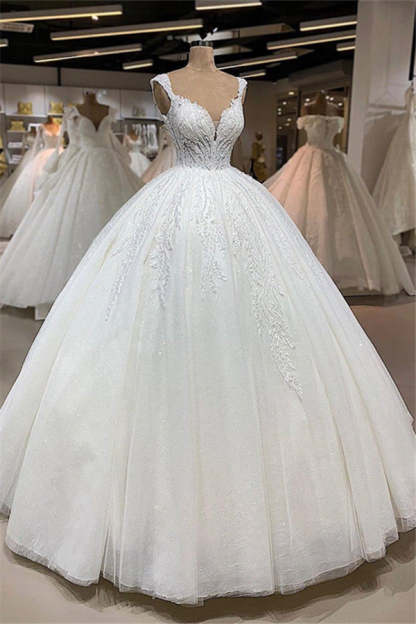 Chicloth Affordable Straps A-line White Wedding Dresses With Appliques Tulle Ruffles Bridal Gowns Online