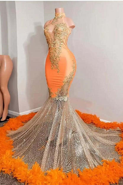 Chicloth Orange Sleeveless Prom Dress Mermaid Long Sheer With Feather