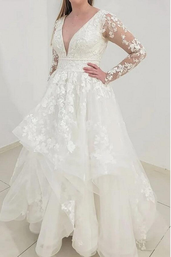 Chicloth Long Sleeves V-Neck Wedding Dress Ruffles With Lace Appliques