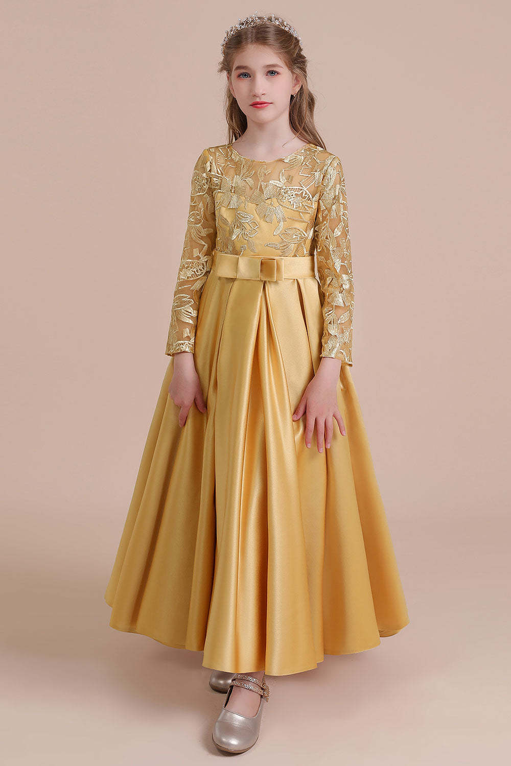 Chicloth A-Line Long Sleeve Satin Ankle Length Flower Girl Dress Online