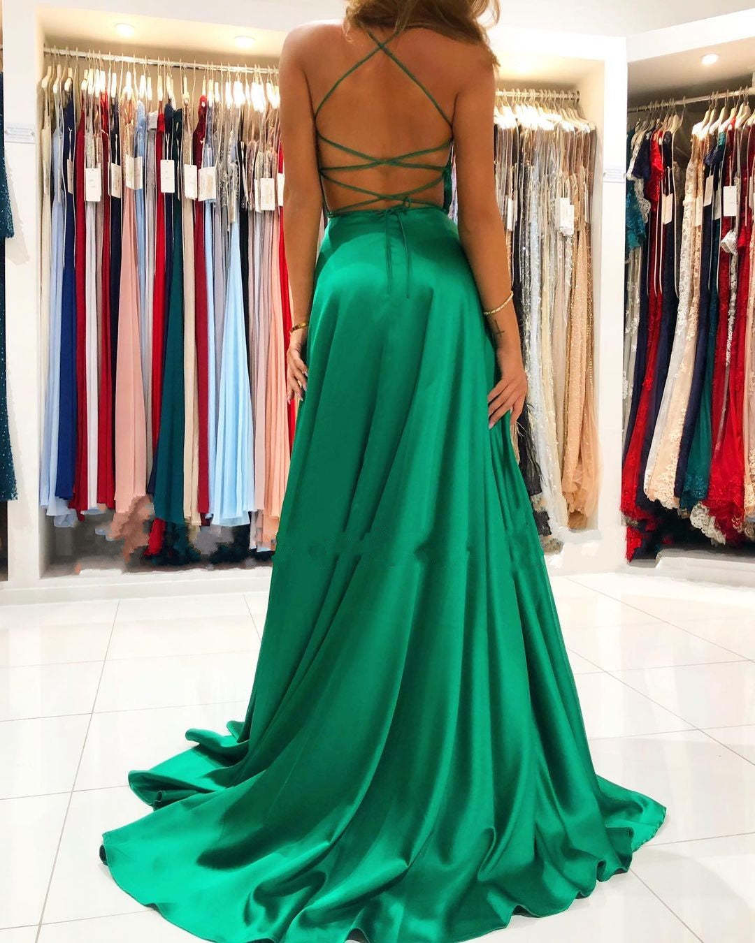 Chicloth Emerald Green Spaghetti-Straps Prom Dress Long With Split