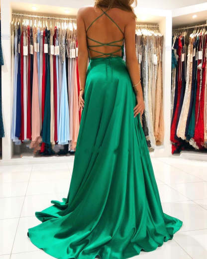 Chicloth Emerald Green Spaghetti-Straps Prom Dress Long With Split