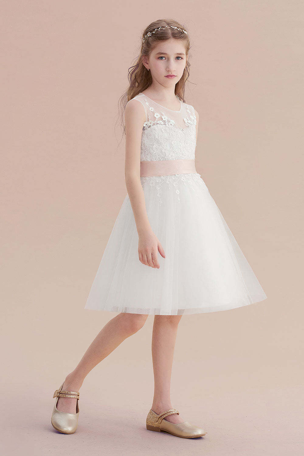 Chicloth A-Line Illusion Appliques Tulle Flower Girl Dress Online