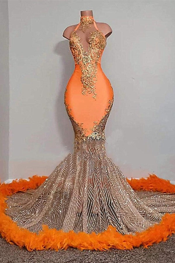 Chicloth Orange Sleeveless Prom Dress Mermaid Long Sheer With Feather