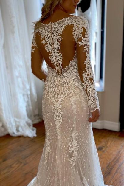Chicloth Long Sleeves Mermaid Wedding Dress Lace V-Neck