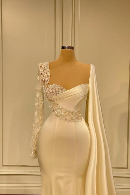 Cheap White Sweetheart Long Sleeve Mermaid Prom Dresses