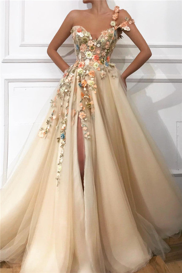 Chicloth One Shoulder Long Prom Dress Split With Flowers