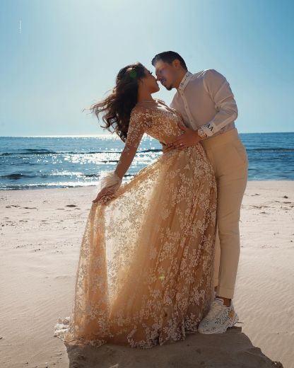 Chicloth Long Sleeves V-Neck Champagne Wedding Dress Beach With Appliques
