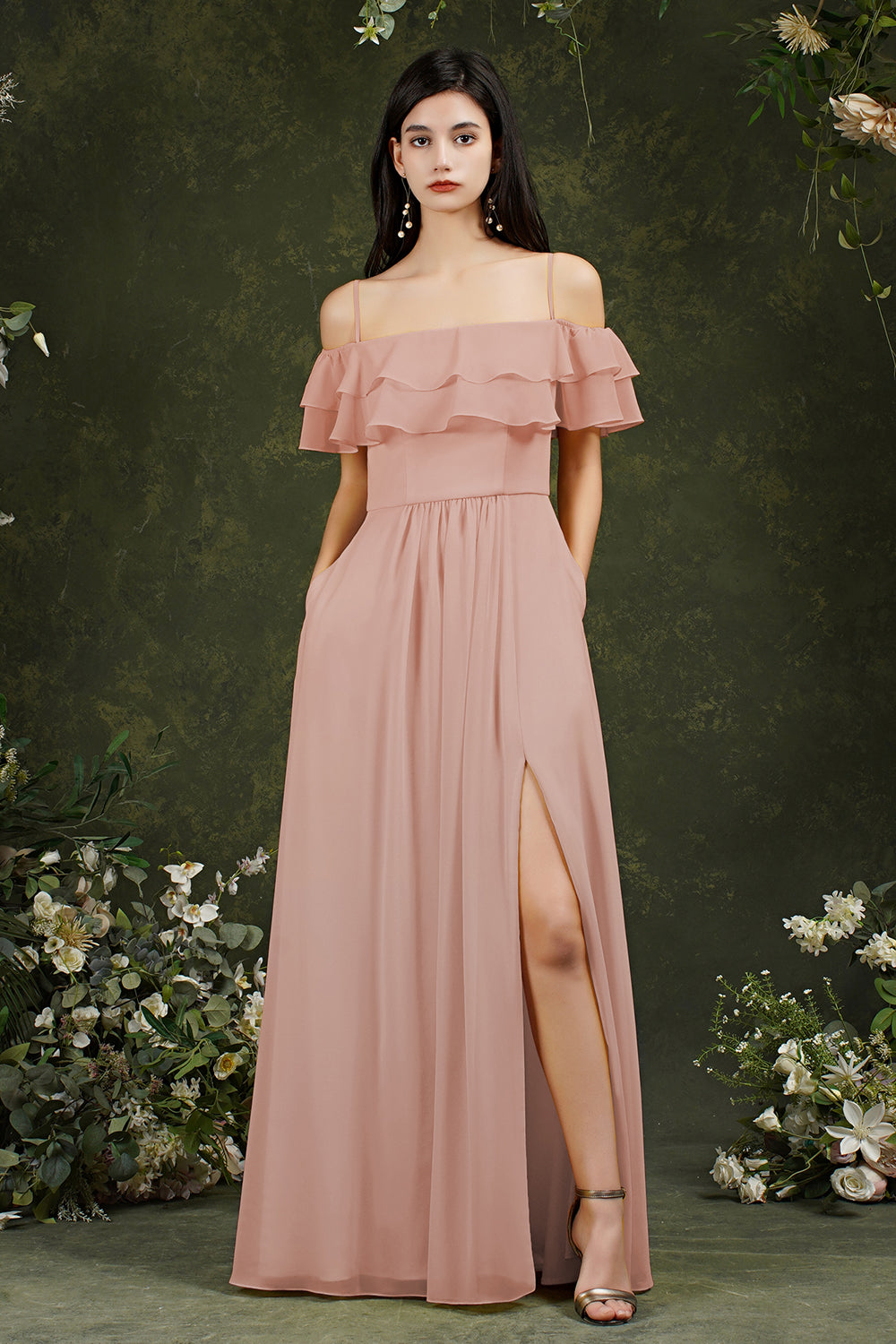Chicloth Off-the-Shoulder Bridesmaid Dress Ruffles With Slit