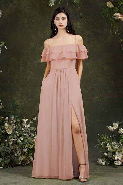 Chicloth Off-the-Shoulder Bridesmaid Dress Ruffles With Slit