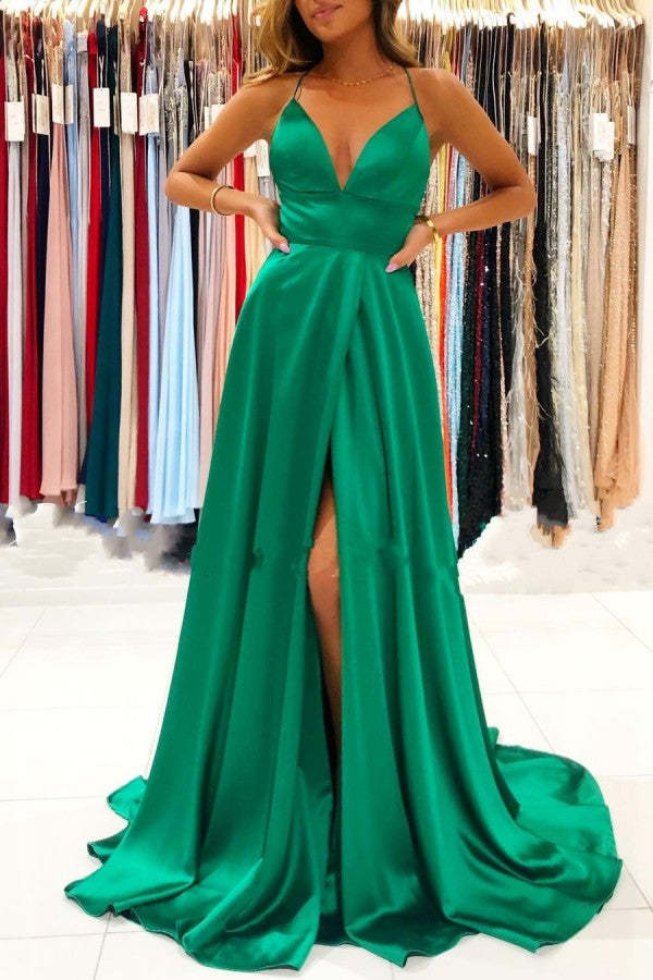 Chicloth Emerald Green Spaghetti-Straps Prom Dress Long With Split