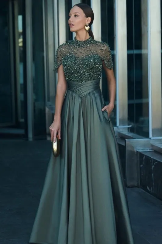 Dark Green Satin A-line Evening Dress Short Sleeves with Beadings
