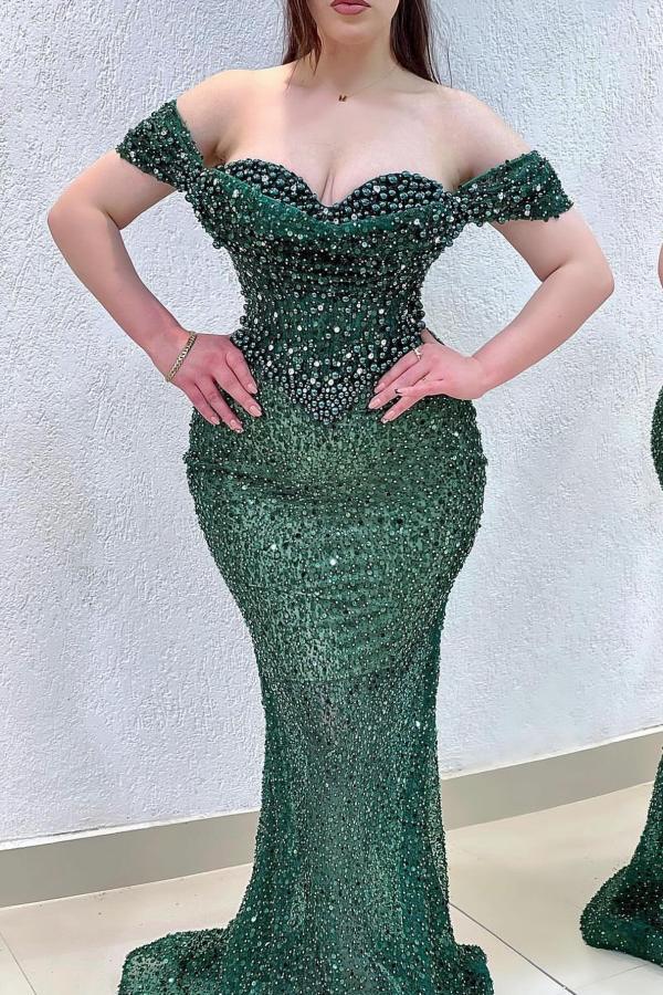 Charming Off-the-Shoulder Sequins Mermaid Evening Dress Pearls Floor Length Prom Dress with Train