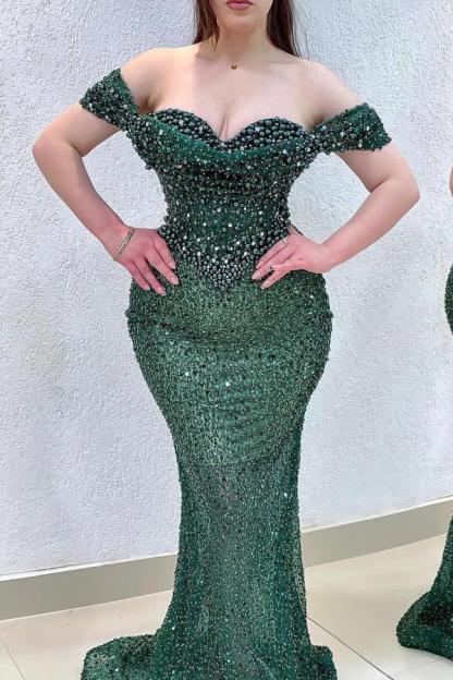 Charming Off-the-Shoulder Sequins Mermaid Evening Dress Pearls Floor Length Prom Dress with Train