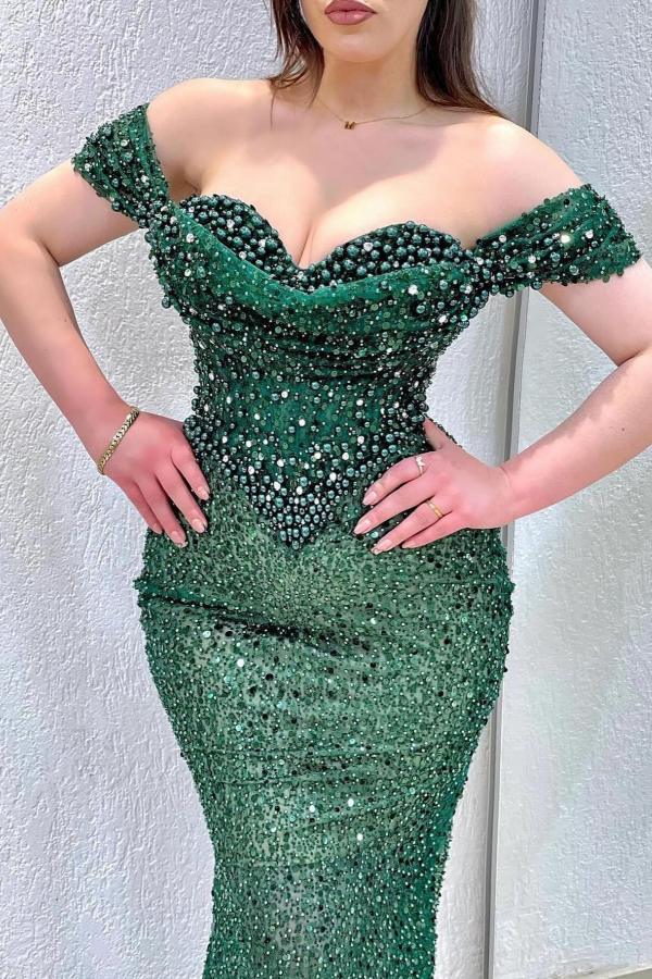 Charming Off-the-Shoulder Sequins Mermaid Evening Dress Pearls Floor Length Prom Dress with Train