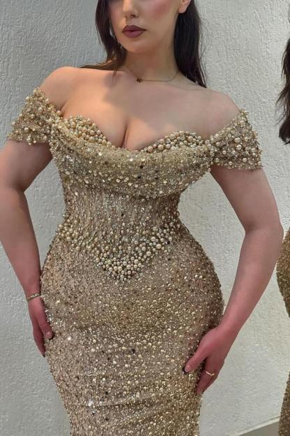 Charming Off-the-Shoulder Sequins Mermaid Evening Dress Pearls Floor Length Prom Dress with Train