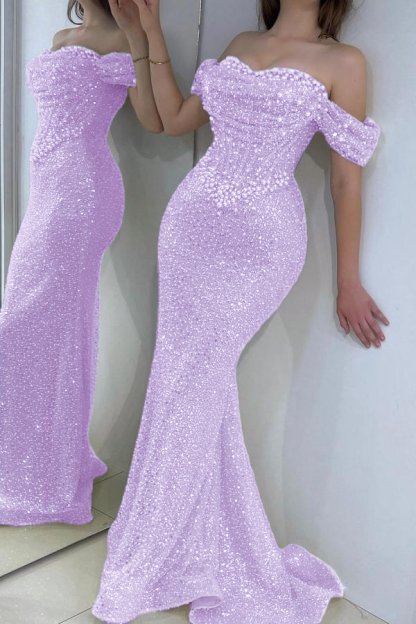 Charming Off-the-Shoulder Sequins Mermaid Evening Dress Pearls Floor Length Prom Dress with Train