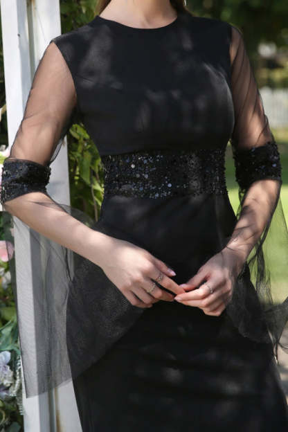 Charming Puff Sleeves Black Mermaid Evening Dress Jewel Neck Beadings Floor Length Formal Dress - Prom Dresses