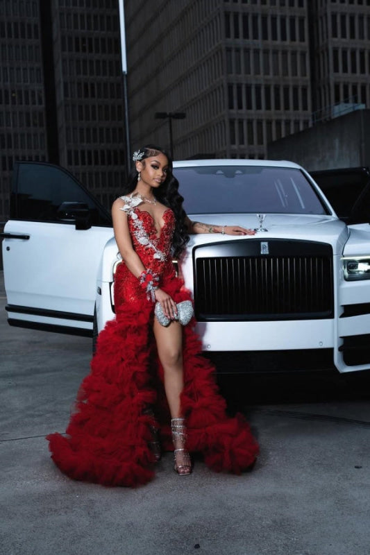 Charming Sleeveless Beadings Red Prom Dress Sequined with High Slit - Prom Dresses