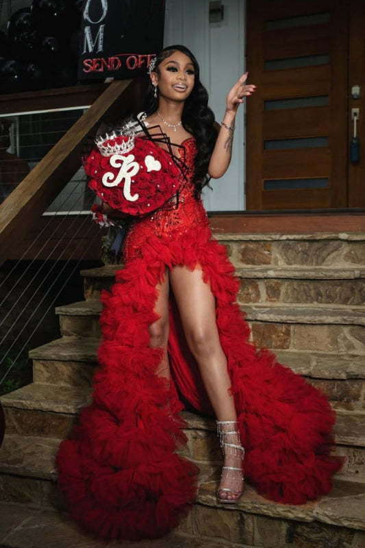 Charming Sleeveless Beadings Red Prom Dress Sequined with High Slit - Prom Dresses