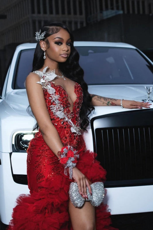 Charming Sleeveless Beadings Red Prom Dress Sequined with High Slit - Prom Dresses