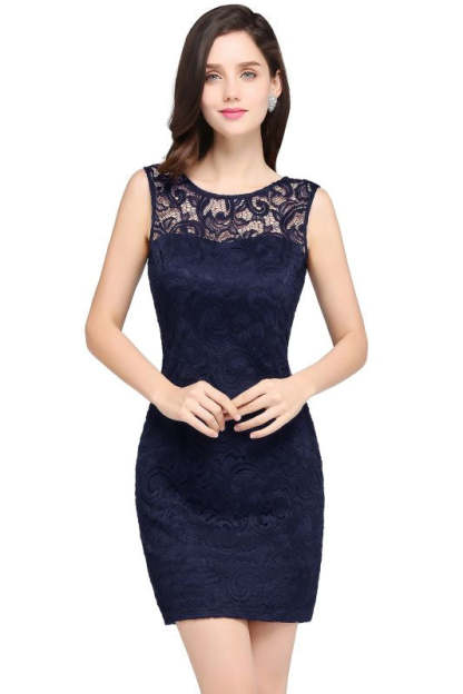 Chic Crew Neck Lace Mini Formal Dress Sleveless Short Party Wear Dress - Navy Blue / US 2 - Prom Dresses