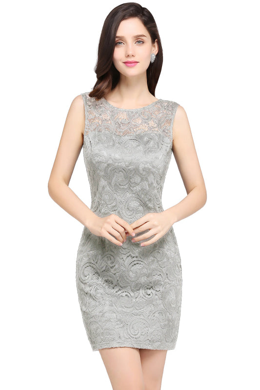 Chic Crew Neck Lace Mini Formal Dress Sleveless Short Party Wear Dress - Silver / US 2 - Prom Dresses