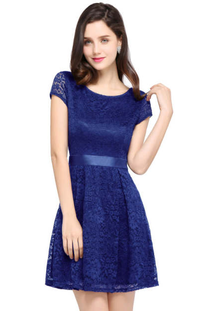 Chic Crew Neck Lace Mini Party Dress with Sash Short Formal Dress - Royal Blue / US 2 - Prom Dresses