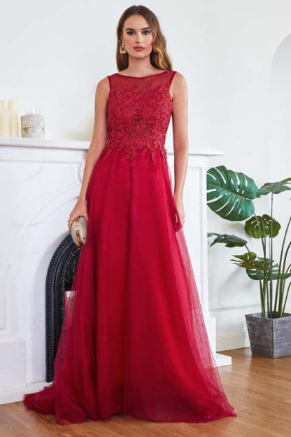Chic Crew Neck Tulle Lace Aline Evening Dress Sleeveles Beading Party Wear Dress - Prom Dresses