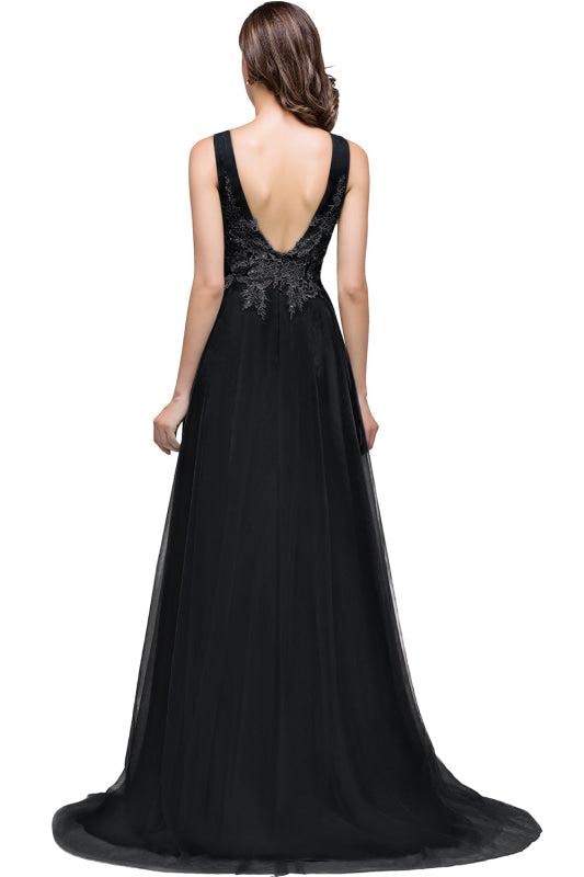 Chic Crew Neck Tulle Lace Aline Evening Dress Sleeveles Beading Party Wear Dress - Prom Dresses