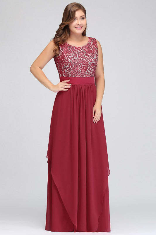 Chic Sleeveless Chiffon Aline Evening Dresses Crew Neck Lace Bridesmaid Dress - Burgundy / US 2 - Prom Dresses