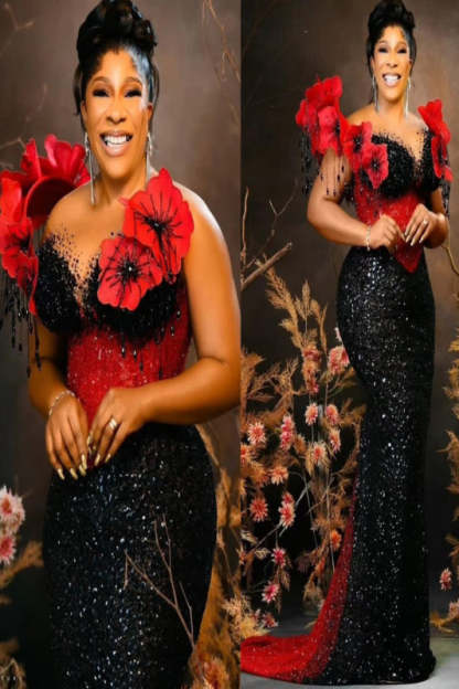 Chic V-Neck Appliques Mermaid Sequins Tassel Evening Dress
