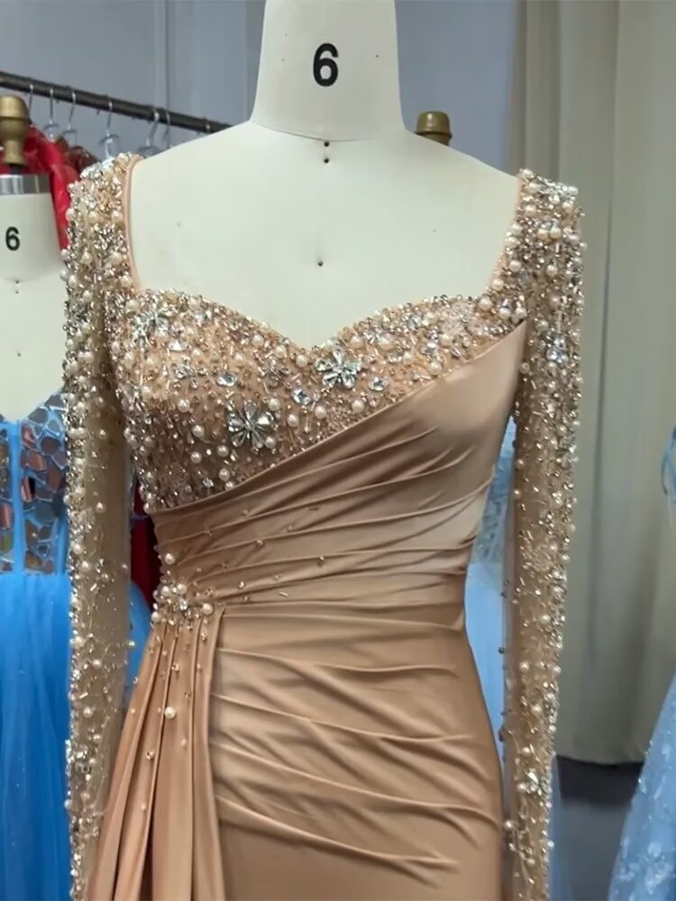 Chicloth Long Sleeves Pearls Evening Dress Mermaid V-Neck Long