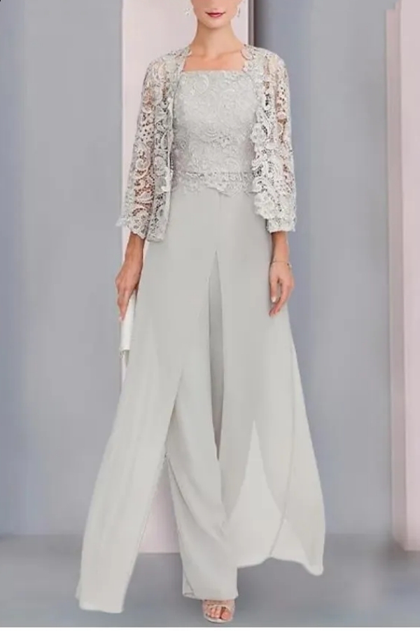 Light Blue Chiffon Mother of the Bride Dress with Jacket 3-Piece Suit Oufits