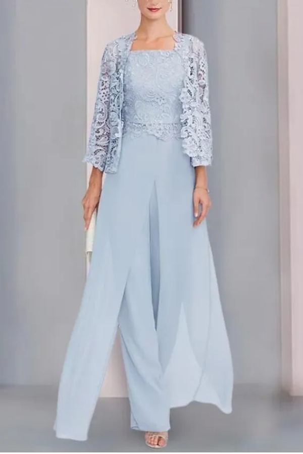 Light Blue Chiffon Mother of the Bride Dress with Jacket 3-Piece Suit Oufits