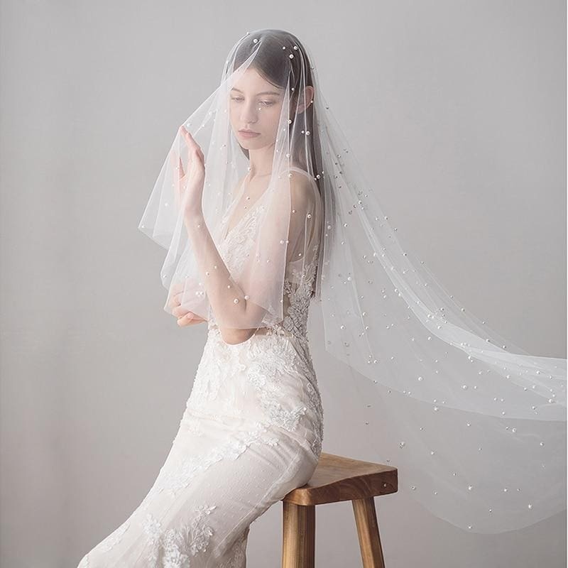 1.2M One Layer Ivory Pearl Beaded Soft Wedding Veils | Bridelily - wedding veils
