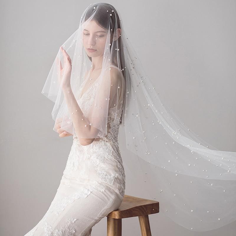 1.2M One Layer Ivory Pearl Beaded Soft Wedding Veils | Bridelily - wedding veils