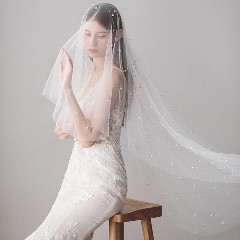 1.2M One Layer Ivory Pearl Beaded Soft Wedding Veils | Bridelily - wedding veils