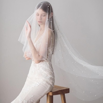 1.2M One Layer Ivory Pearl Beaded Soft Wedding Veils | Bridelily - wedding veils