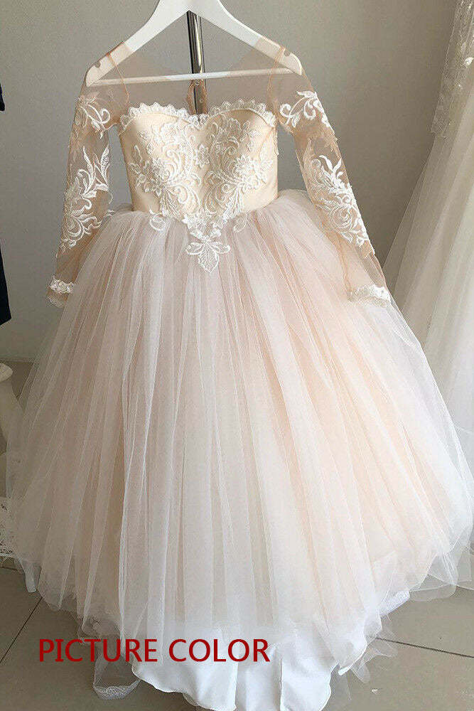 Chicloth Long Sleeve Tulle Lace Flower Girl Dress With Bowknot