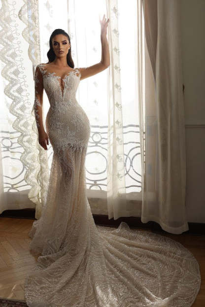 Chicloth Long Sleeves Bridal Gown Mermaid With Delicate Lace