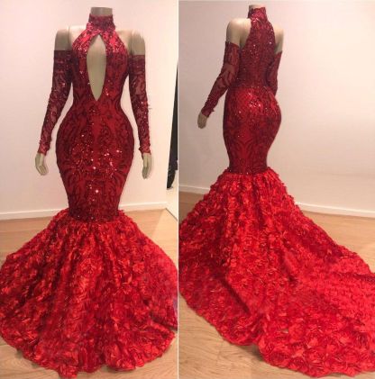 Chicloth Red Long Sleeves Prom Dress Mermaid With Flowers Bottom