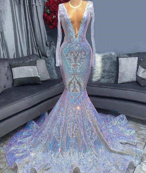 Long Sleeves Deep V-Neck Mermaid Prom Dress