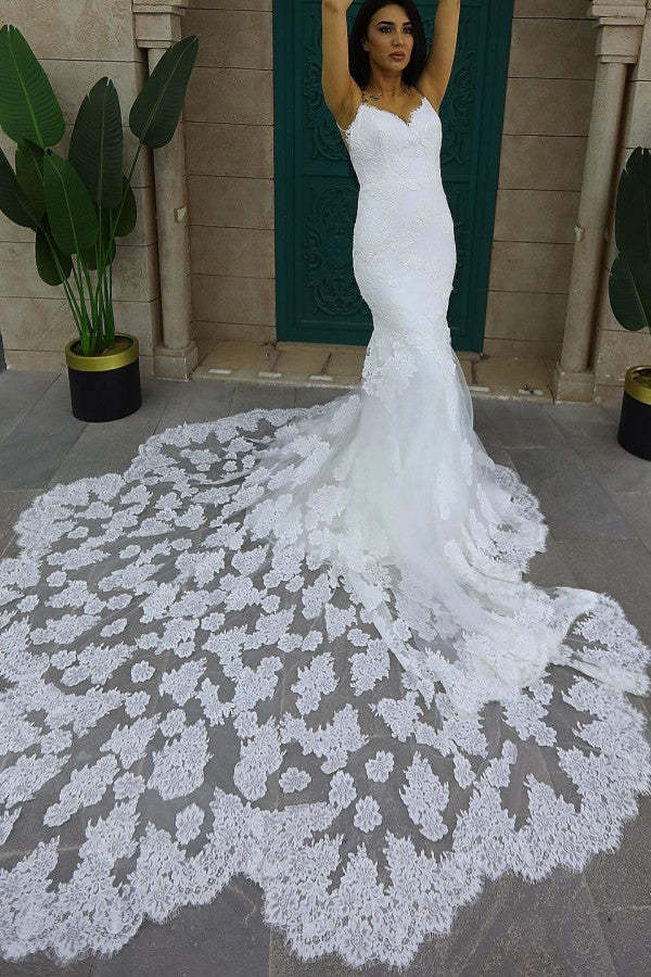 Chicloth White Lace Wedding Dress Mermaid Sleeveless Long Train