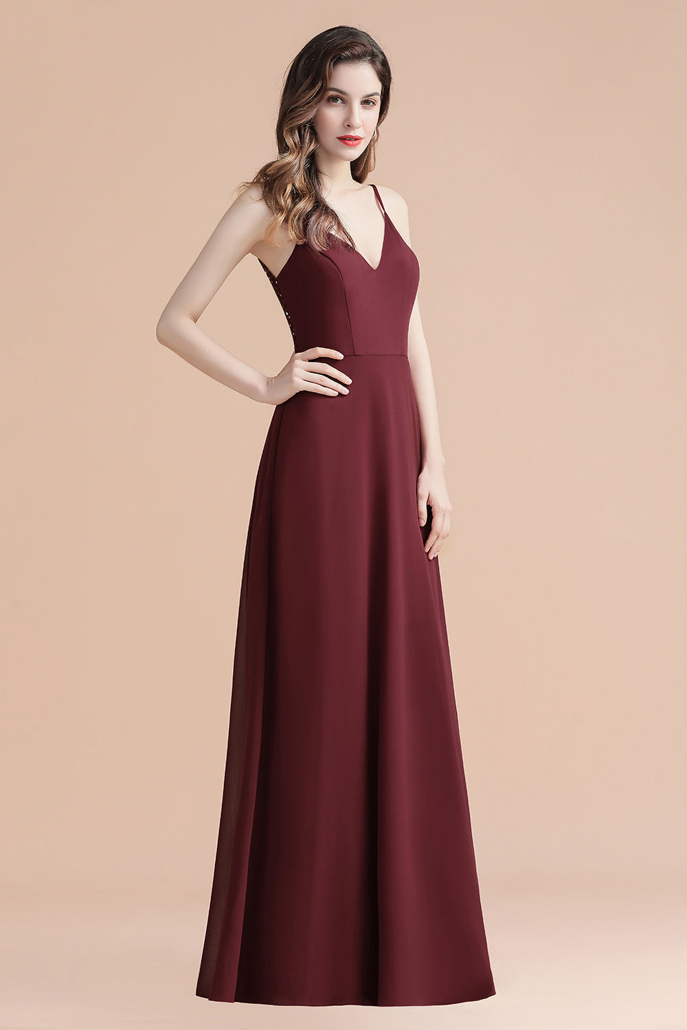 Chicloth Elegant V-Neck Burgundy Chiffon Bridesmaid Dress Lace Sequins Spaghetti Straps Evening Dress