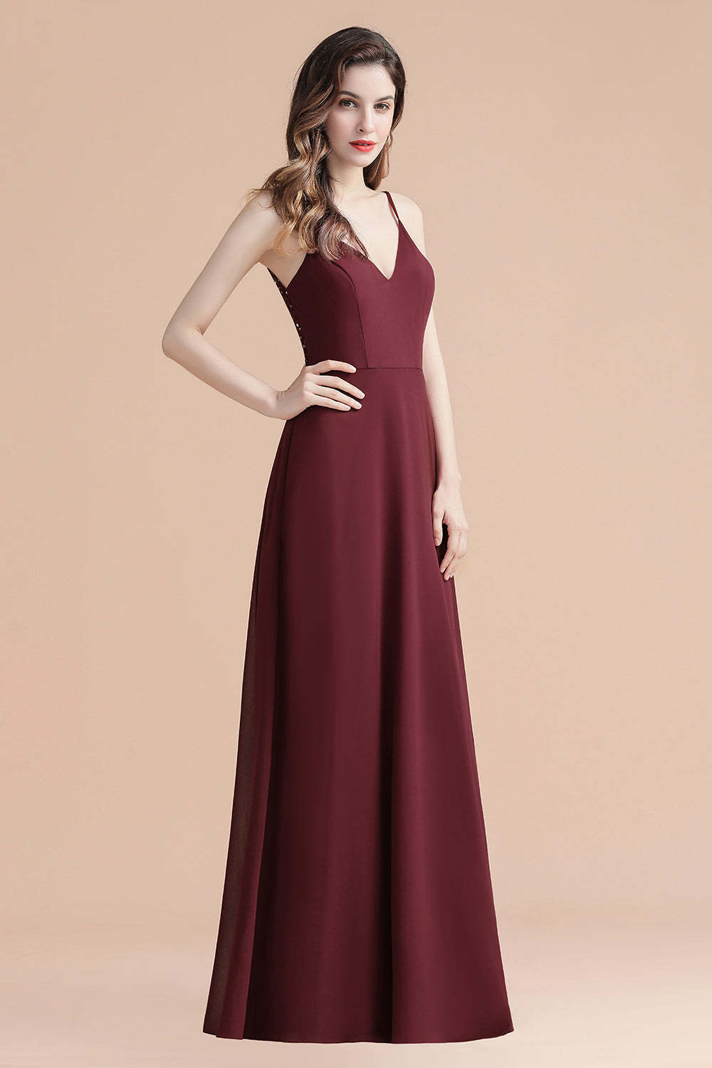 Chicloth Elegant V-Neck Burgundy Chiffon Bridesmaid Dress Lace Sequins Spaghetti Straps Evening Dress