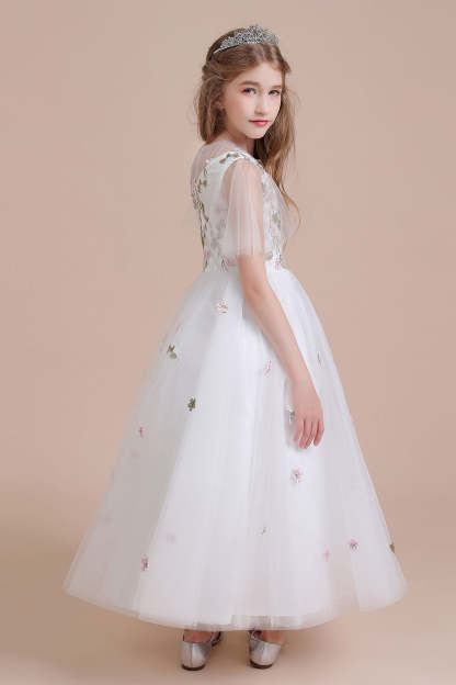 Chicloth A-Line Short Sleeve Embroidered Tulle Flower Girl Dress On Sale