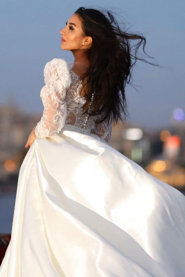 Chicloth Long Sleeves Satin Wedding Dress Lace V-Neck